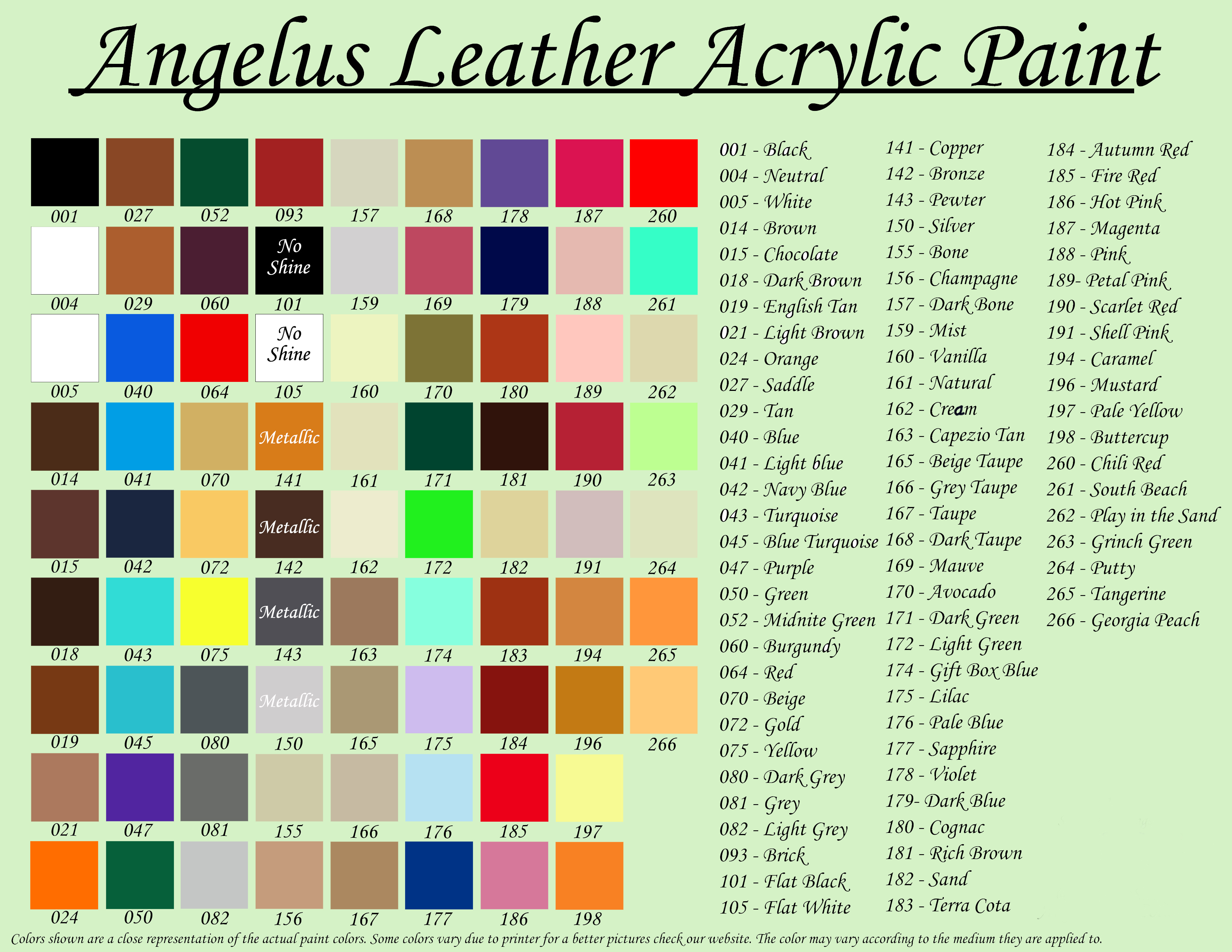 Angelus Color Chart Angelus Leather Paint